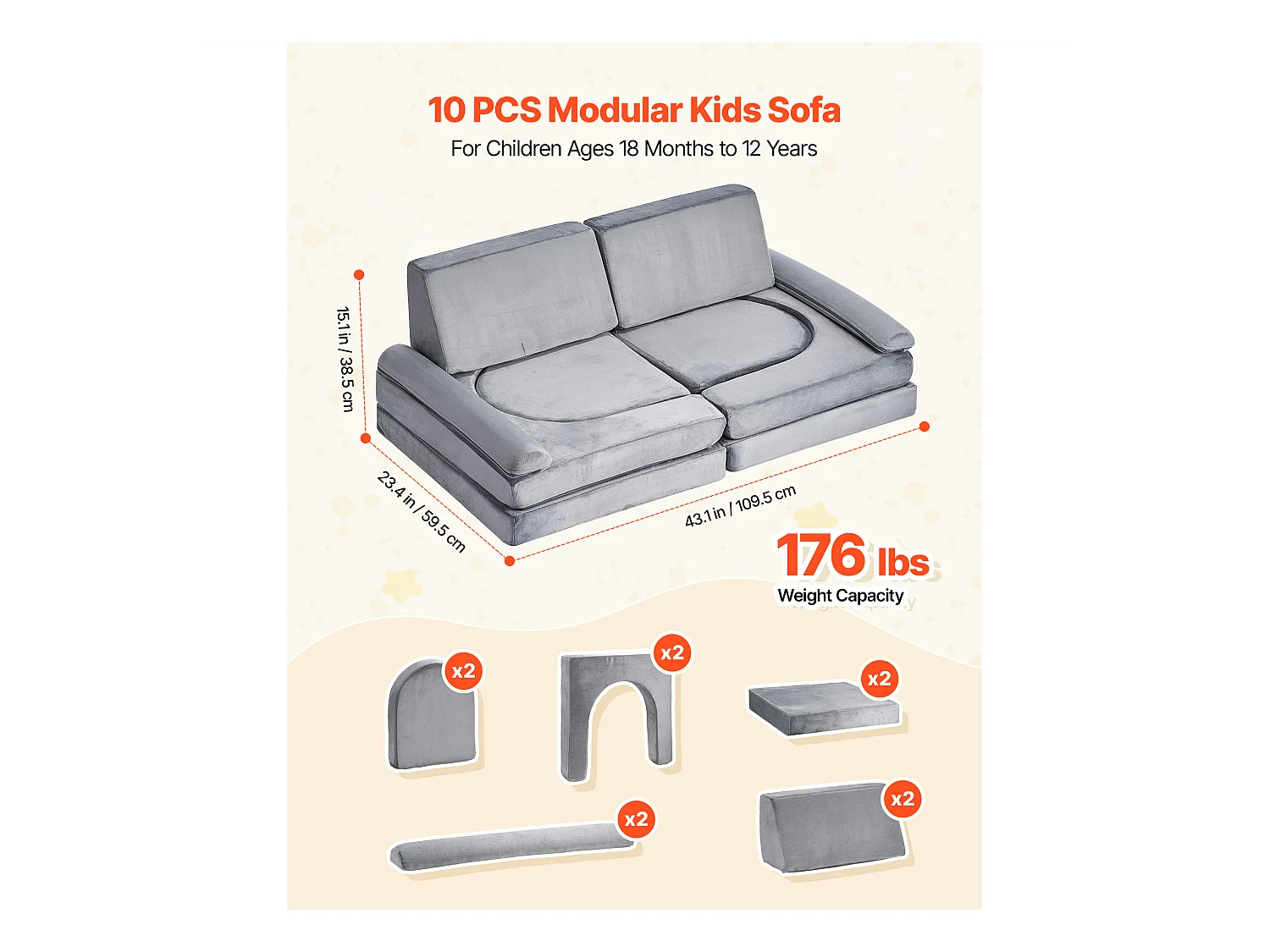 Sofá de Brinquedo Modular SucceBuy para Crianças Componente 10PCs, Sofá Seccional Convertível, com Apoios de Braço, em Esponja 28D e Pelo Curto, Cinza