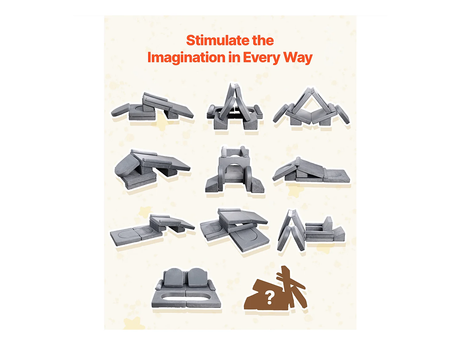 Sofá de Brinquedo Modular SucceBuy para Crianças Componente 10PCs, Sofá Seccional Convertível, com Apoios de Braço, em Esponja 28D e Pelo Curto, Cinza