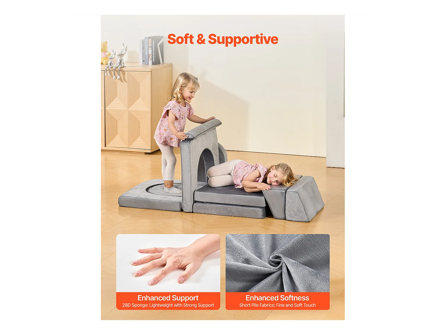 Sofá de Brinquedo Modular SucceBuy para Crianças Componente 10PCs, Sofá Seccional Convertível, com Apoios de Braço, em Esponja 28D e Pelo Curto, Cinza