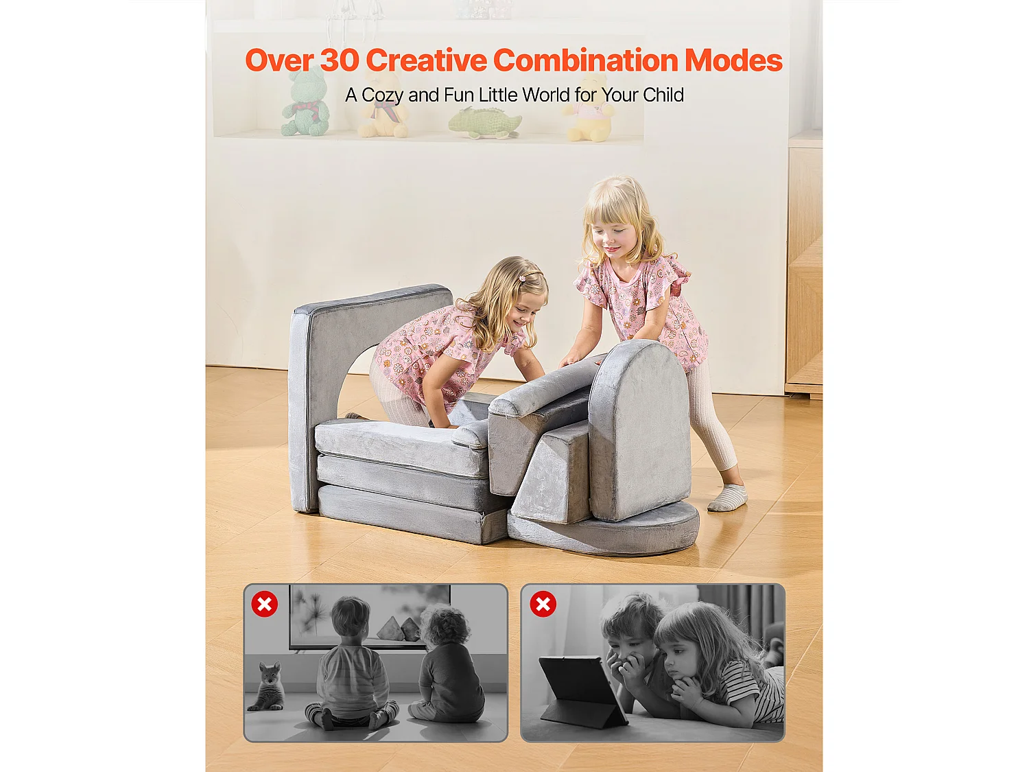 Modułowa Kanapa do Zabawy SucceBuy dla Dzieci Składająca się z 10PCs, Przekształcalna Kanapa Segmentowa, z Podłokietnikami, z Gąbki 28D i Krótkim Włosiem, Szary