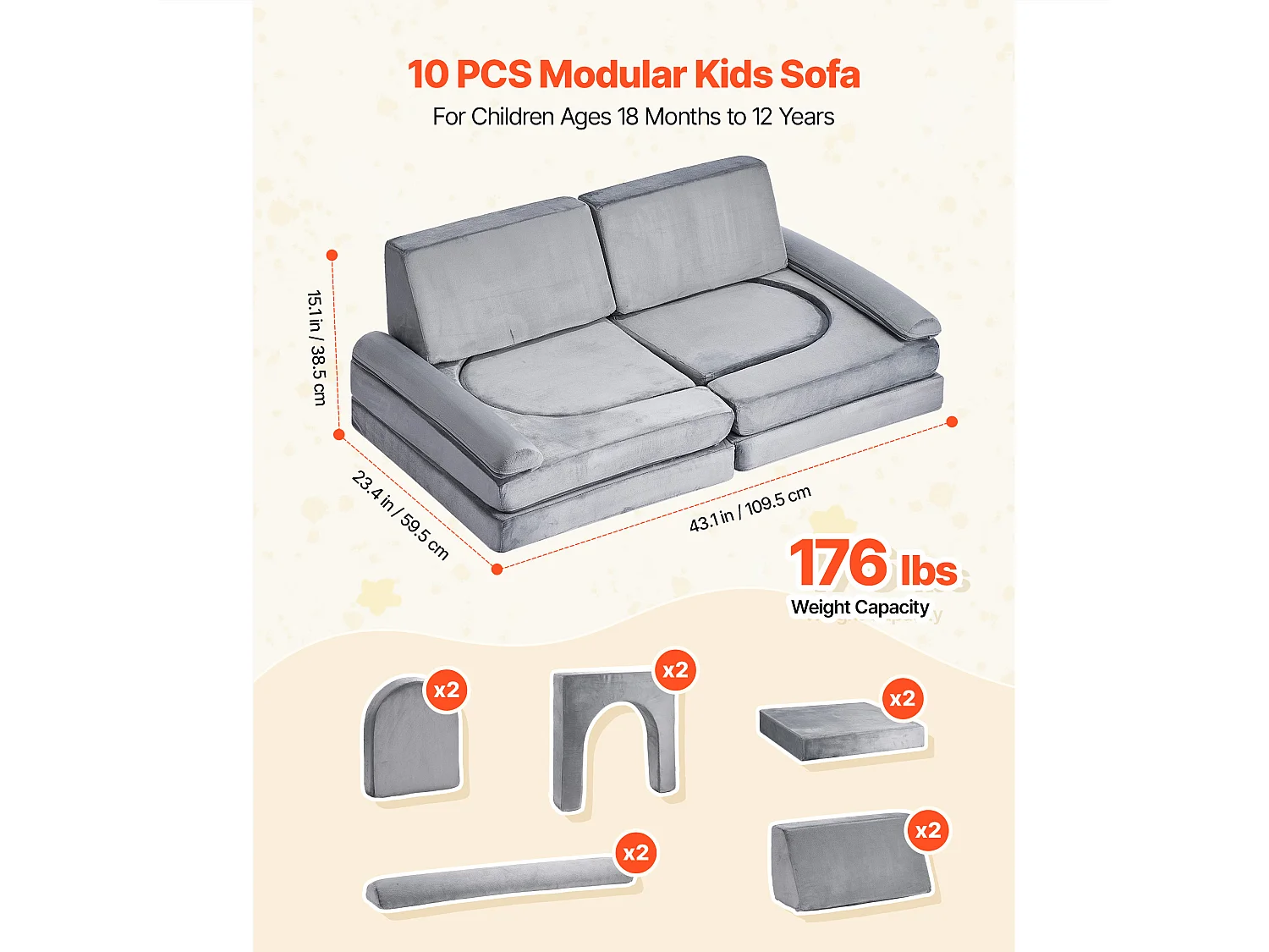 Modułowa Kanapa do Zabawy SucceBuy dla Dzieci Składająca się z 10PCs, Przekształcalna Kanapa Segmentowa, z Podłokietnikami, z Gąbki 28D i Krótkim Włosiem, Szary