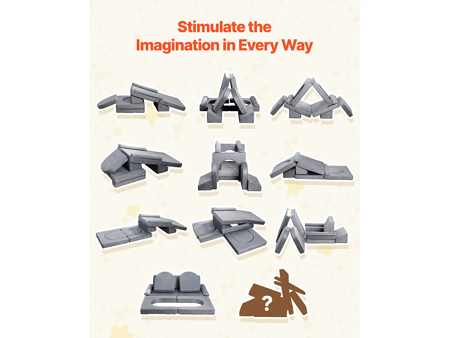 Modułowa Kanapa do Zabawy SucceBuy dla Dzieci Składająca się z 10PCs, Przekształcalna Kanapa Segmentowa, z Podłokietnikami, z Gąbki 28D i Krótkim Włosiem, Szary