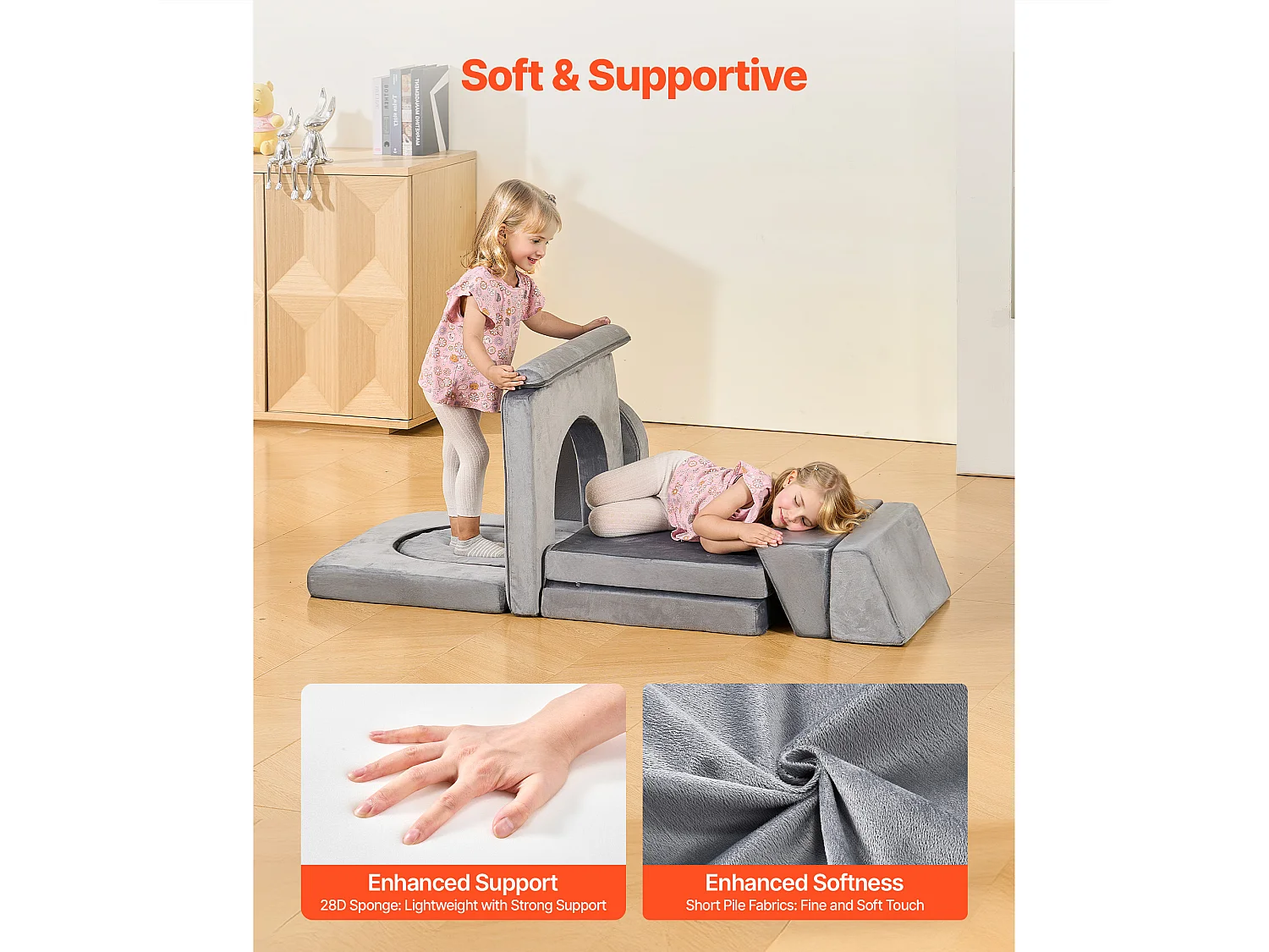 Modułowa Kanapa do Zabawy SucceBuy dla Dzieci Składająca się z 10PCs, Przekształcalna Kanapa Segmentowa, z Podłokietnikami, z Gąbki 28D i Krótkim Włosiem, Szary