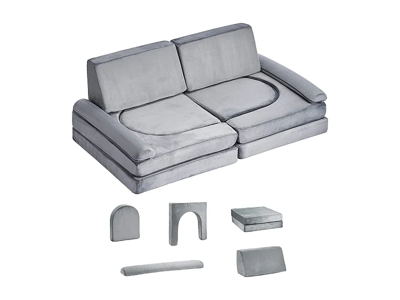 Canapé de Jeu Modulaire SucceBuy pour Enfants Composant 10PCs, Canapé Sectionnel Convertible, avec Accoudoirs, en Éponge 28D et Poils Courts, Gris