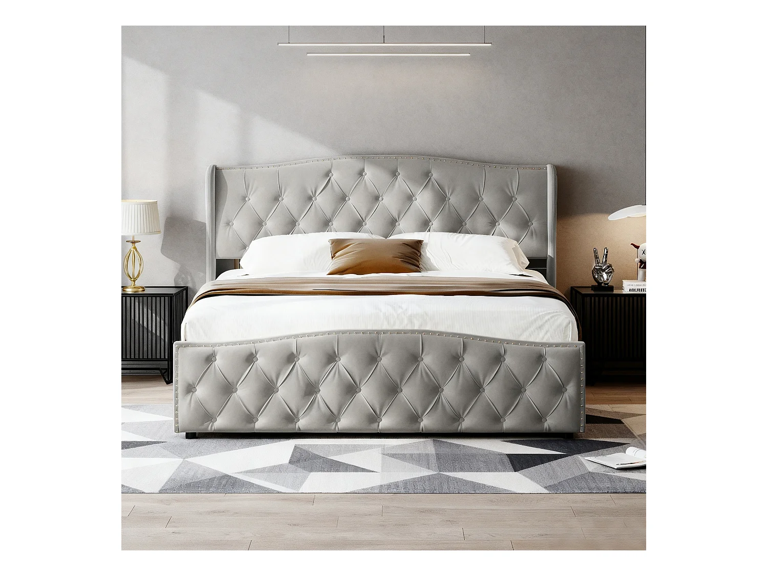 Lit coffre 160x200 cm avec sommier à lattes - lit adulte 160x200 cm - cadre de lit 160x200 cm - Lit double 160x200 cm soldes - tissu en velours - gris