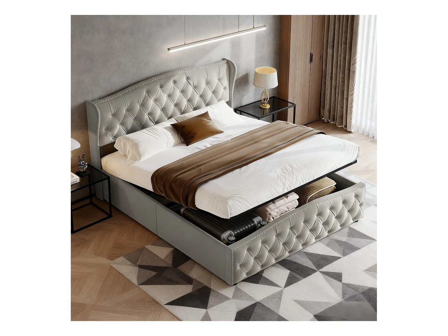 Lit coffre 160x200 cm avec sommier à lattes - lit adulte 160x200 cm - cadre de lit 160x200 cm - Lit double 160x200 cm soldes - tissu en velours - gris