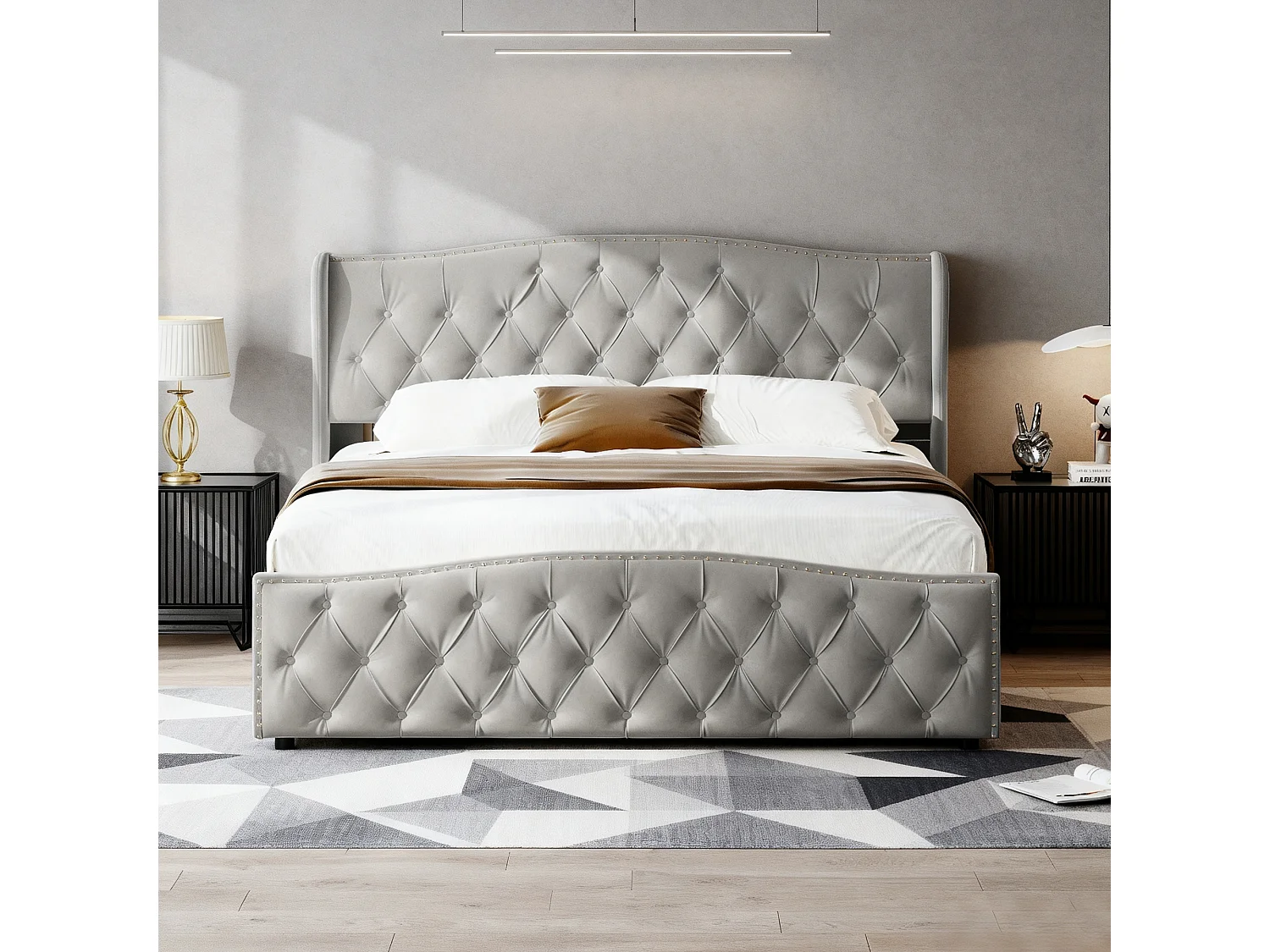 Lit coffre 160x200 cm en velours gris - Lit double adulte avec sommier à lattes et grand espace de rangement