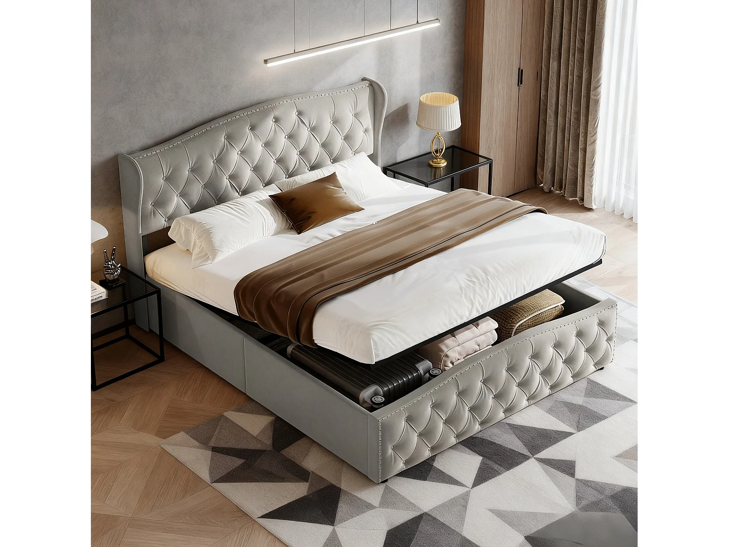 Lit coffre 160x200 cm en velours gris - Lit double adulte avec sommier à lattes et grand espace de rangement