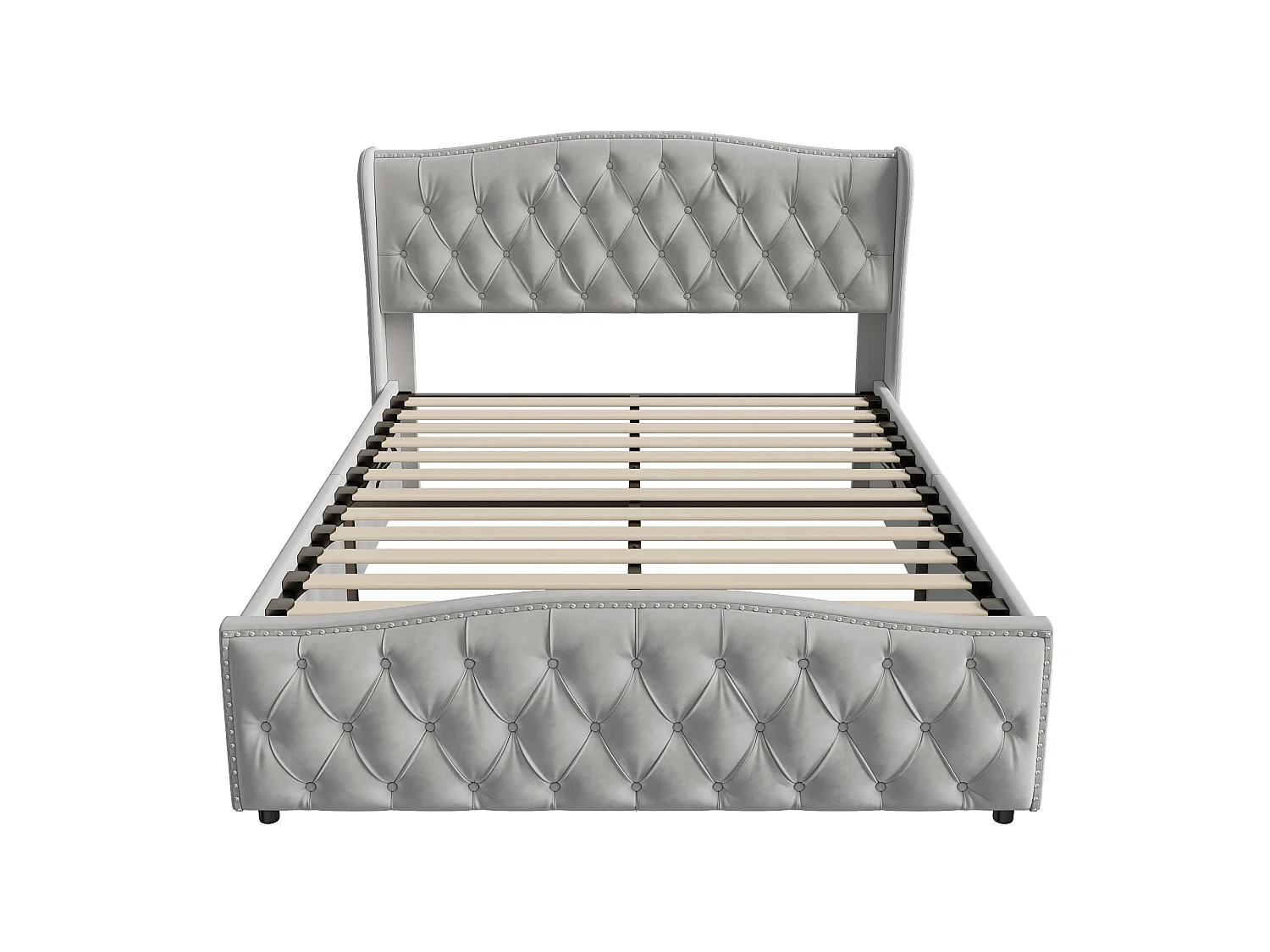 Lit coffre 160x200 cm en velours gris - Lit double adulte avec sommier à lattes et grand espace de rangement