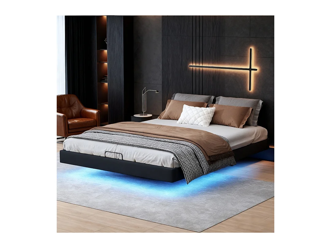 Lit 160x200 cm avec sommier à lattes - Led - lit flottant 160x200 cm  - Lit double 160x200 coffre rangement soldes - lit adulte 160x200 cm tissu en PU - noir