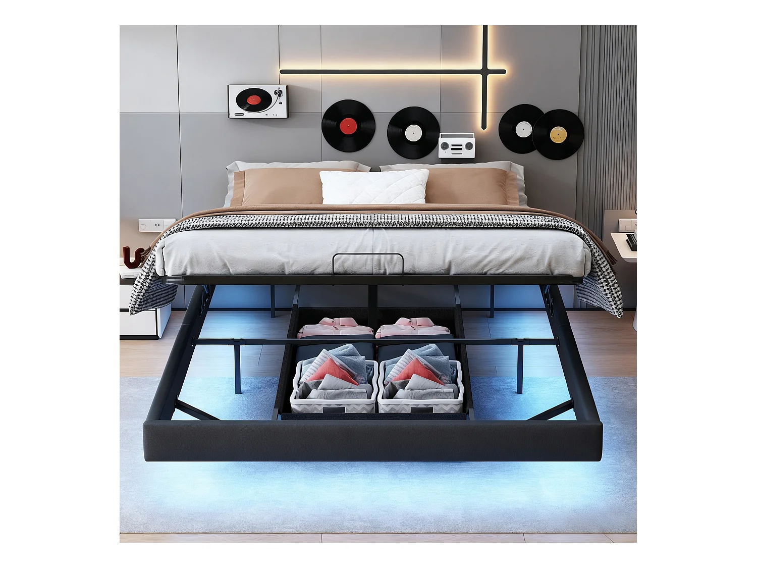 Lit 160x200 cm avec sommier à lattes - Led - lit flottant 160x200 cm  - Lit double 160x200 coffre rangement soldes - lit adulte 160x200 cm tissu en PU - noir