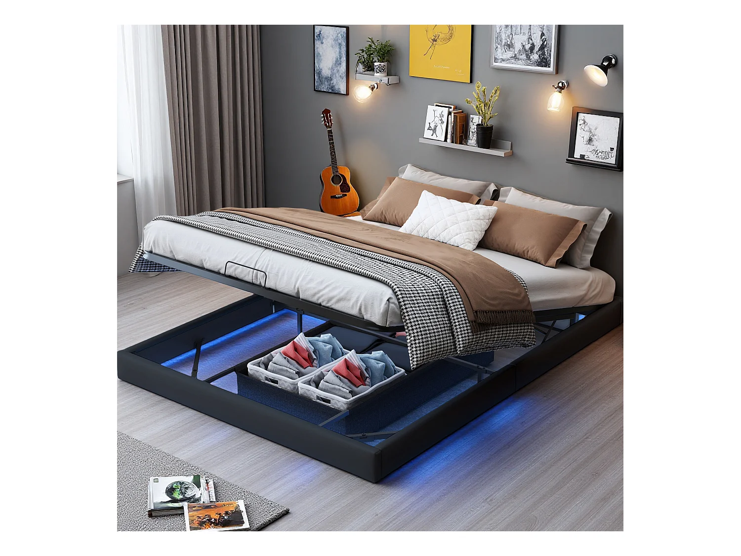 Lit 160x200 cm avec sommier à lattes - Led - lit flottant 160x200 cm  - Lit double 160x200 coffre rangement soldes - lit adulte 160x200 cm tissu en PU - noir