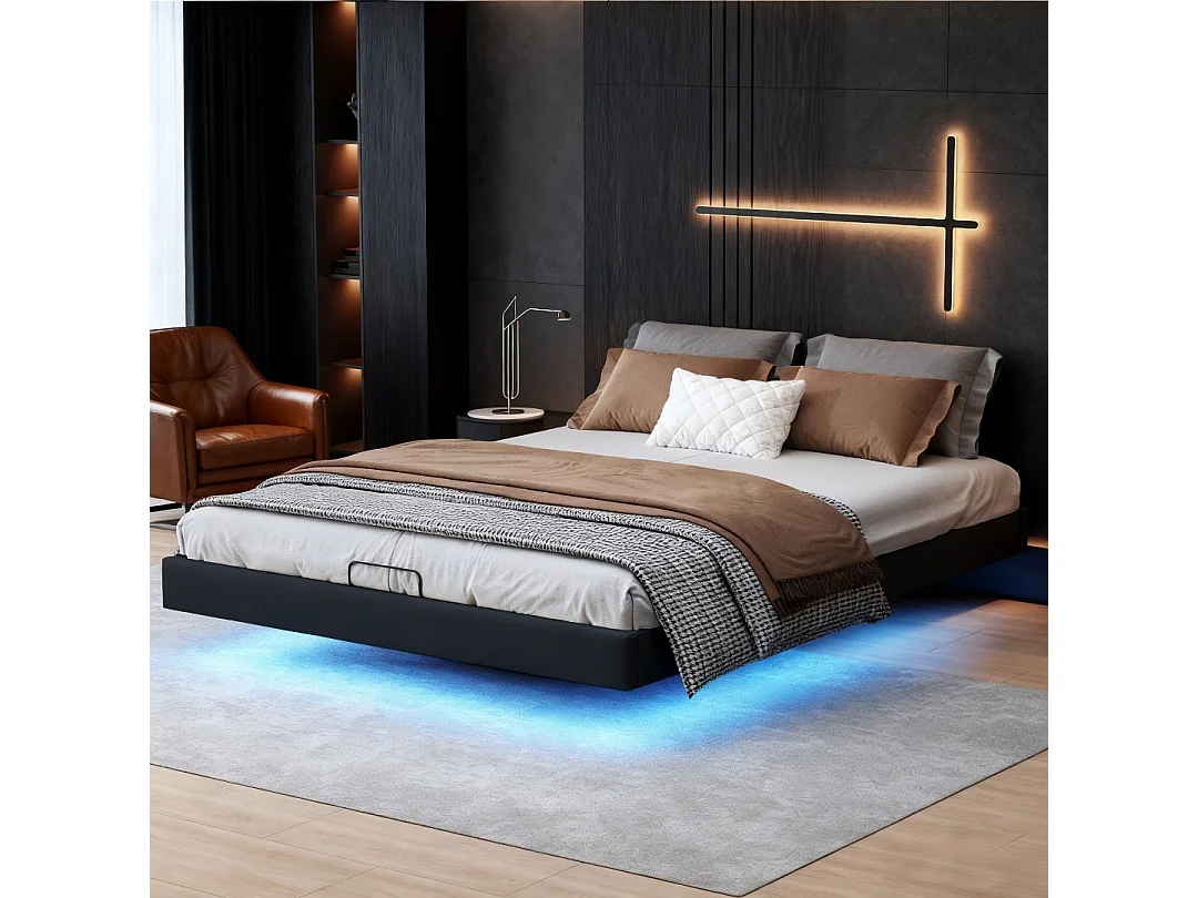 Lit 160x200 cm avec sommier à lattes - Led - lit flottant 160x200 cm  - Lit double 160x200 coffre rangement soldes - lit adulte 160x200 cm tissu en PU - noir