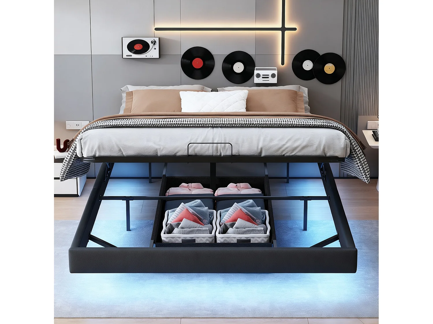 Lit 160x200 cm avec sommier à lattes - Led - lit flottant 160x200 cm  - Lit double 160x200 coffre rangement soldes - lit adulte 160x200 cm tissu en PU - noir