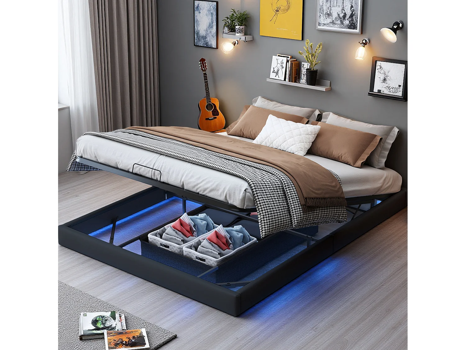 Lit 160x200 cm avec sommier à lattes - Led - lit flottant 160x200 cm  - Lit double 160x200 coffre rangement soldes - lit adulte 160x200 cm tissu en PU - noir