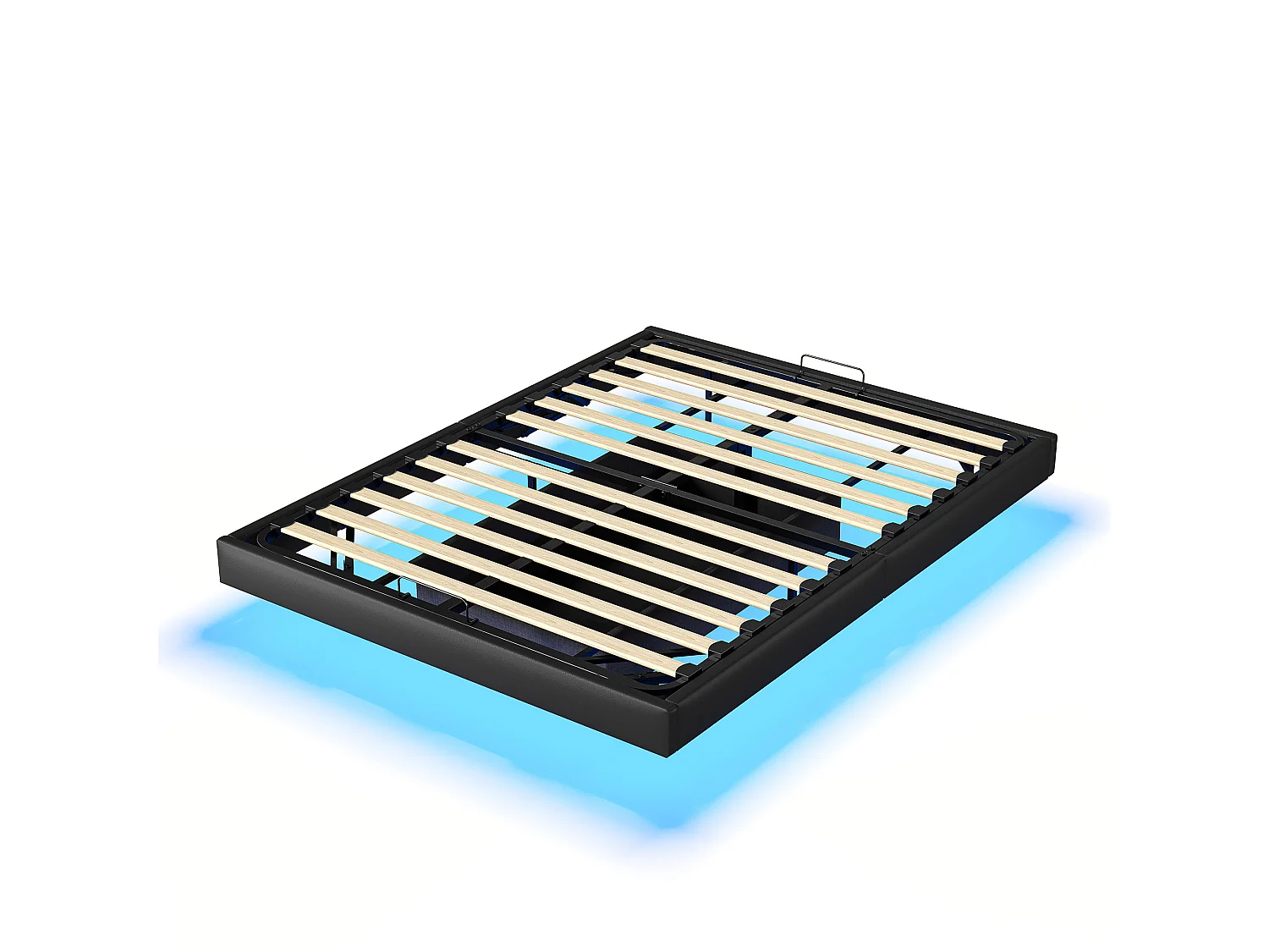 Lit coffre 160 x 200 cm - Lit flottant double avec sommier à lattes, LED et rangement - tissu PU noir