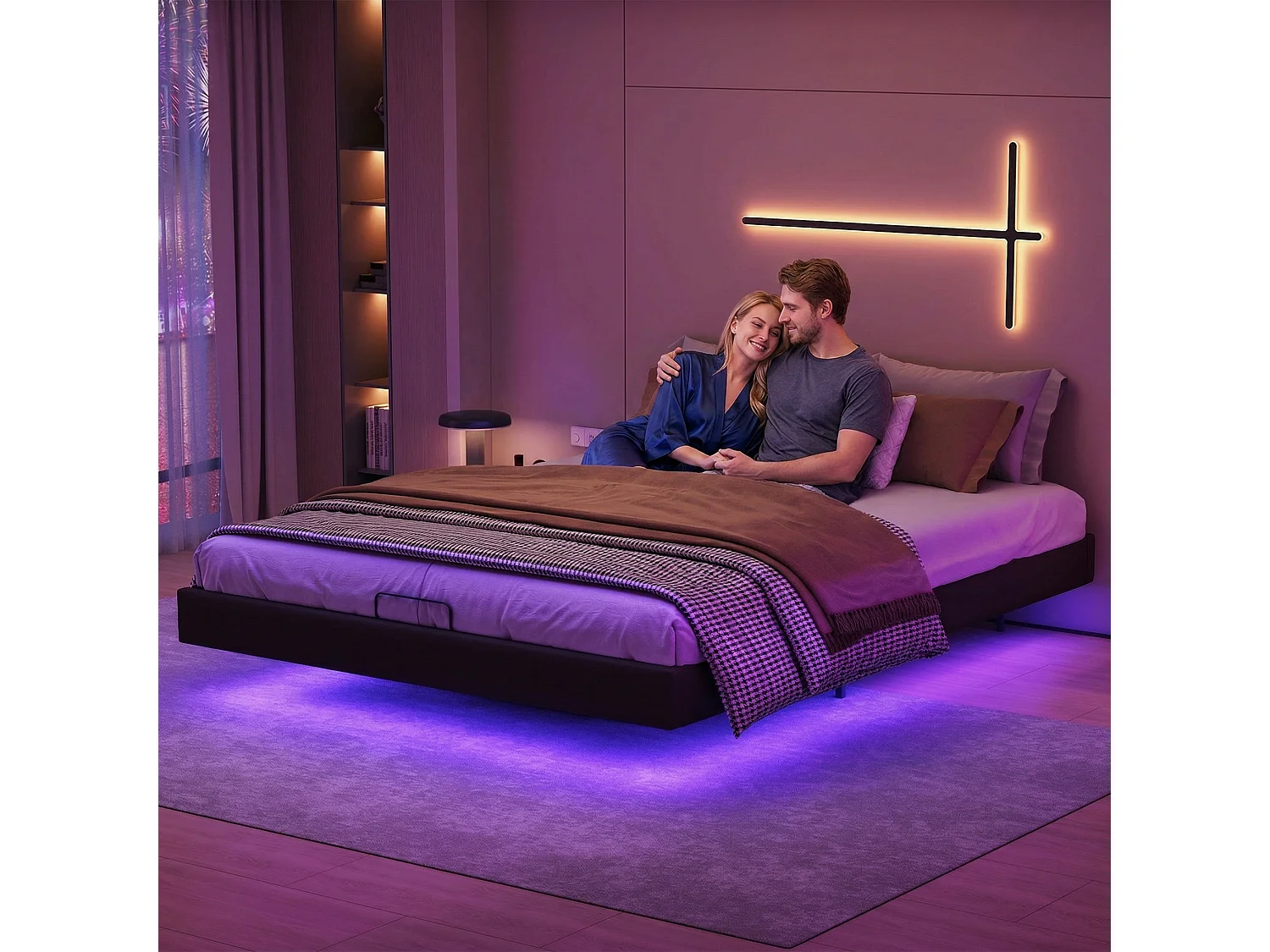 Lit coffre 160 x 200 cm - Lit flottant double avec sommier à lattes, LED et rangement - tissu PU noir
