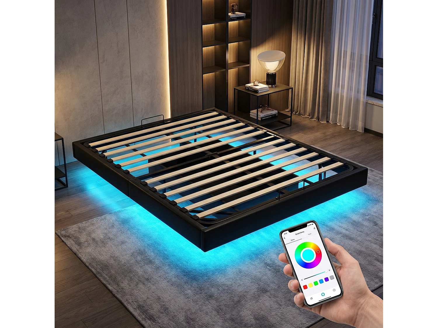 Lit coffre 160 x 200 cm - Lit flottant double avec sommier à lattes, LED et rangement - tissu PU noir