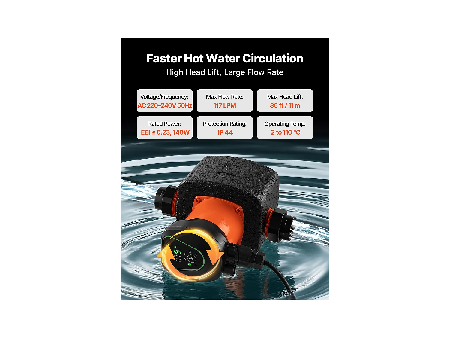 Circulatiepomp SucceBuy voor Warm Water, Maximale Opvoerhoogte 11 m, Hoogrendement Verwarmingspomp 117 L/min, Terugslagklep, Energiezuinig