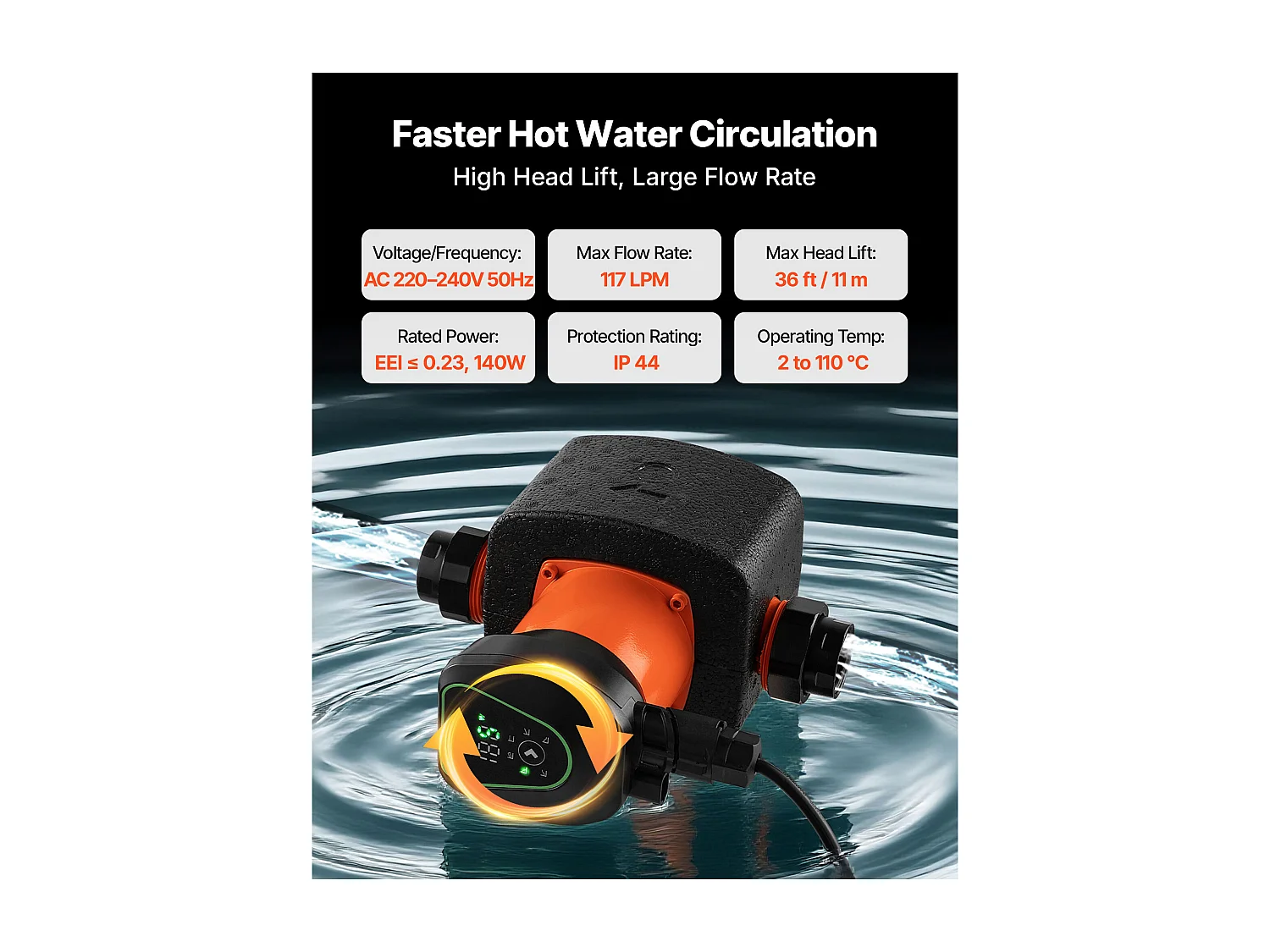 Pompe de Circulation SucceBuy d'Eau Chaude, Hauteur de Refoulement Maximale 11 m, Pompe de Chauffage à Haut Rendement 117 L/min, Clapet Anti-retour