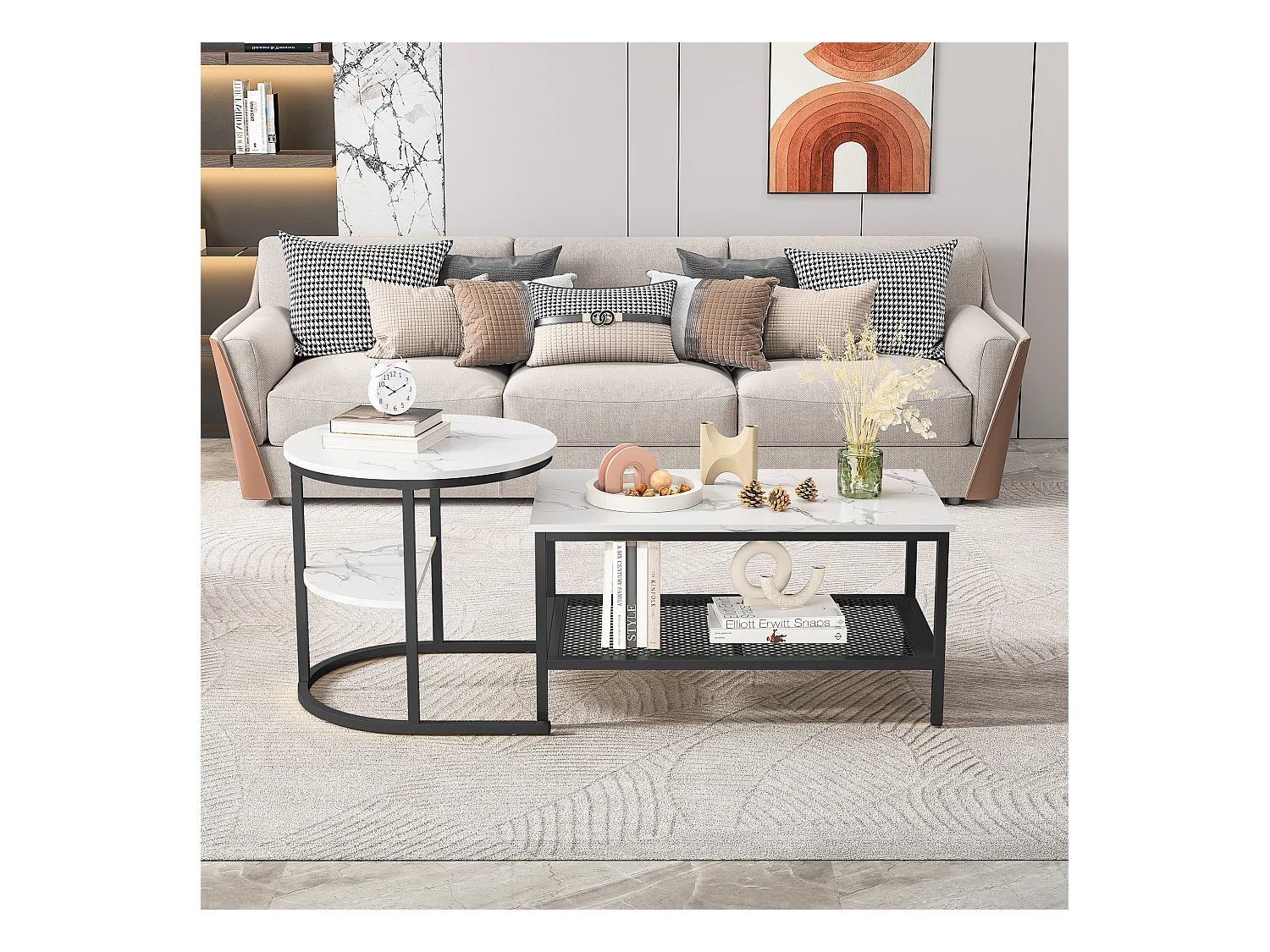 Lot de 2 tables basses gigognes amovibles avec cadre en métal, Lot de 2 tables basses 2 en 1 avec espace de rangement, Moderne, Noir