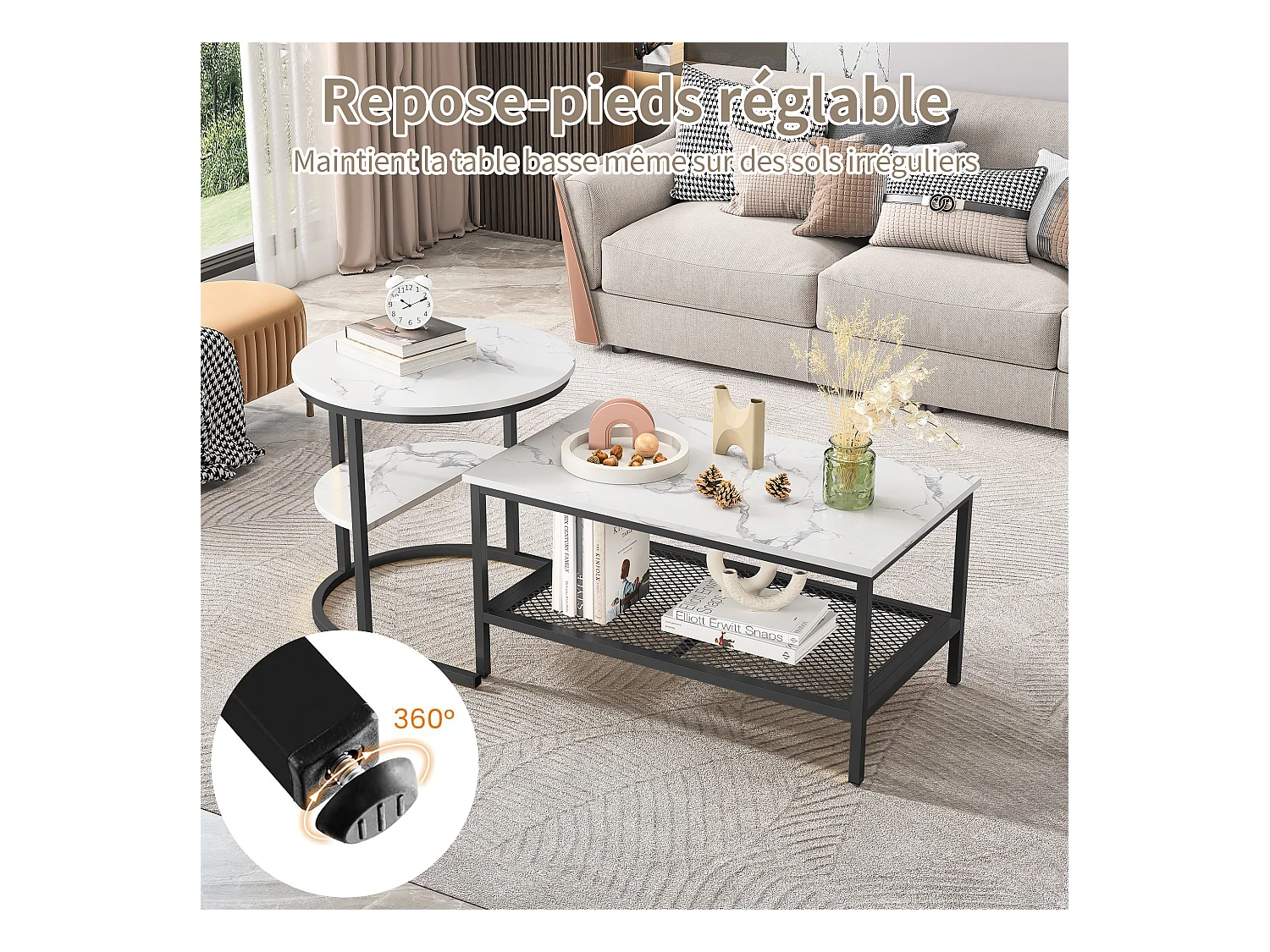 Lot de 2 tables basses gigognes amovibles avec cadre en métal, Lot de 2 tables basses 2 en 1 avec espace de rangement, Moderne, Noir