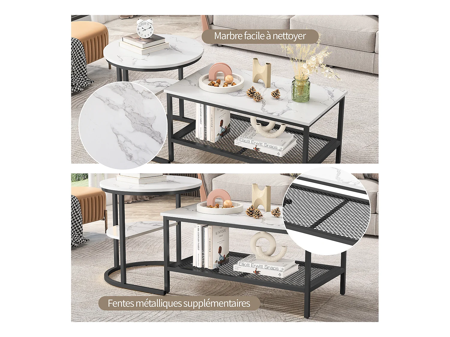 Lot de 2 tables basses gigognes amovibles avec cadre en métal, Lot de 2 tables basses 2 en 1 avec espace de rangement, Moderne, Noir