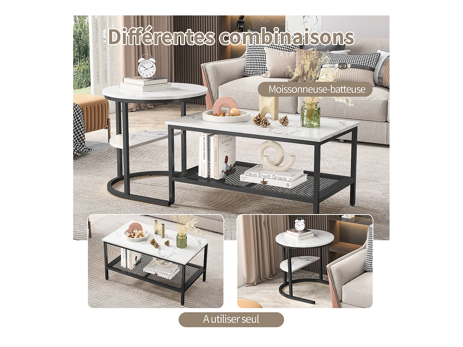 Lot de 2 tables basses gigognes amovibles avec cadre en métal, Lot de 2 tables basses 2 en 1 avec espace de rangement, Moderne, Noir