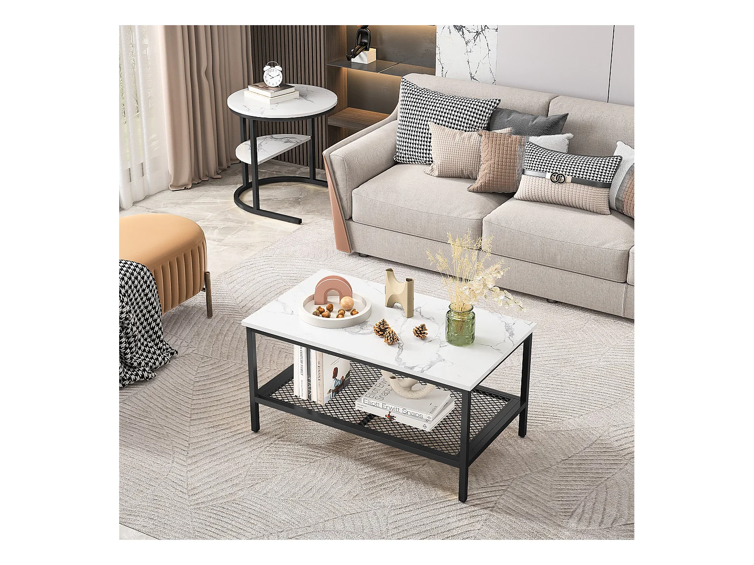 Lot de 2 tables basses gigognes amovibles avec cadre en métal, Lot de 2 tables basses 2 en 1 avec espace de rangement, Moderne, Noir