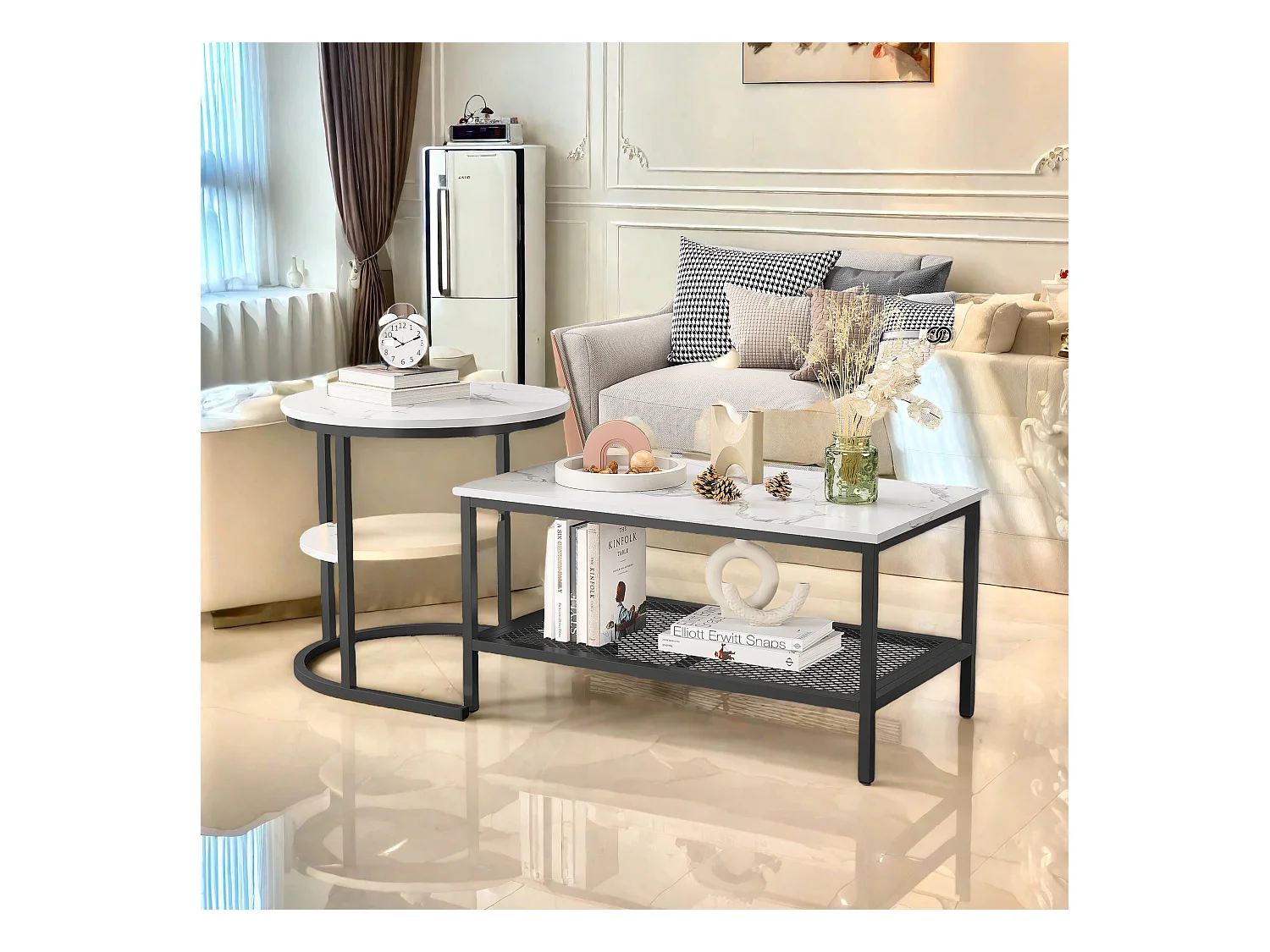 Lot de 2 tables basses gigognes amovibles avec cadre en métal, Lot de 2 tables basses 2 en 1 avec espace de rangement, Moderne, Noir