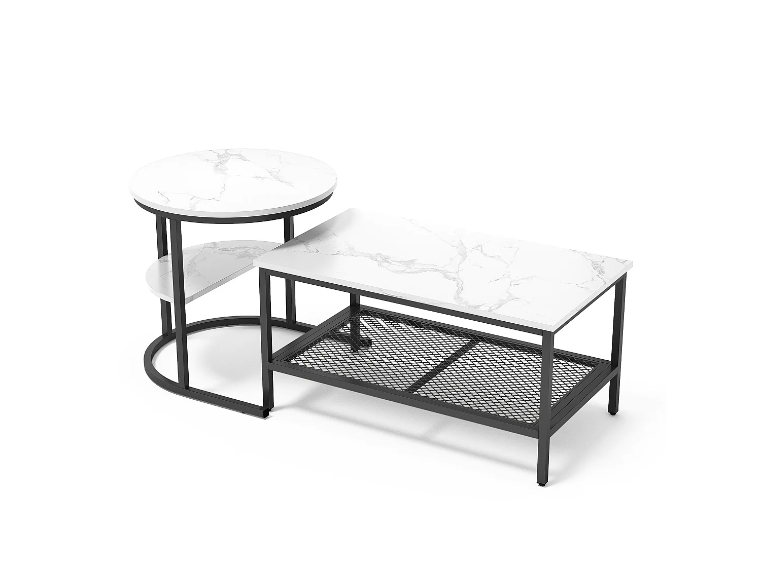 Lot de 2 tables basses gigognes amovibles avec cadre en métal, Lot de 2 tables basses 2 en 1 avec espace de rangement, Moderne, Noir