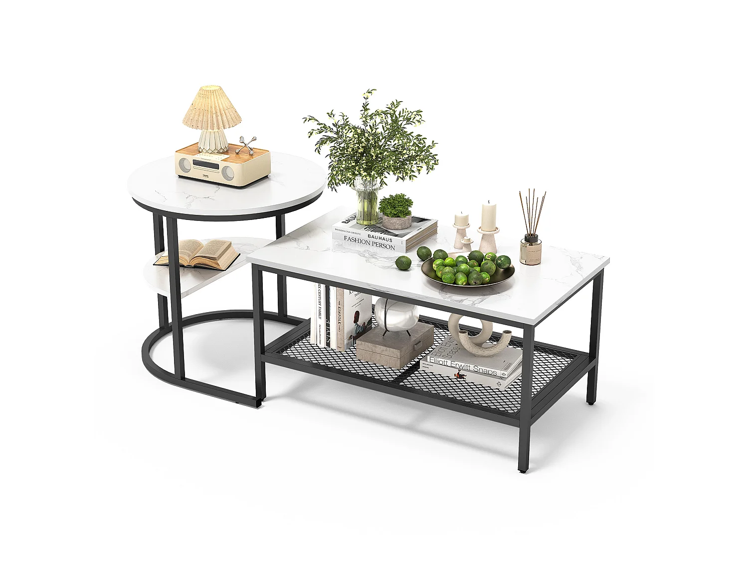 Lot de 2 tables basses gigognes amovibles avec cadre en métal, Lot de 2 tables basses 2 en 1 avec espace de rangement, Moderne, Noir