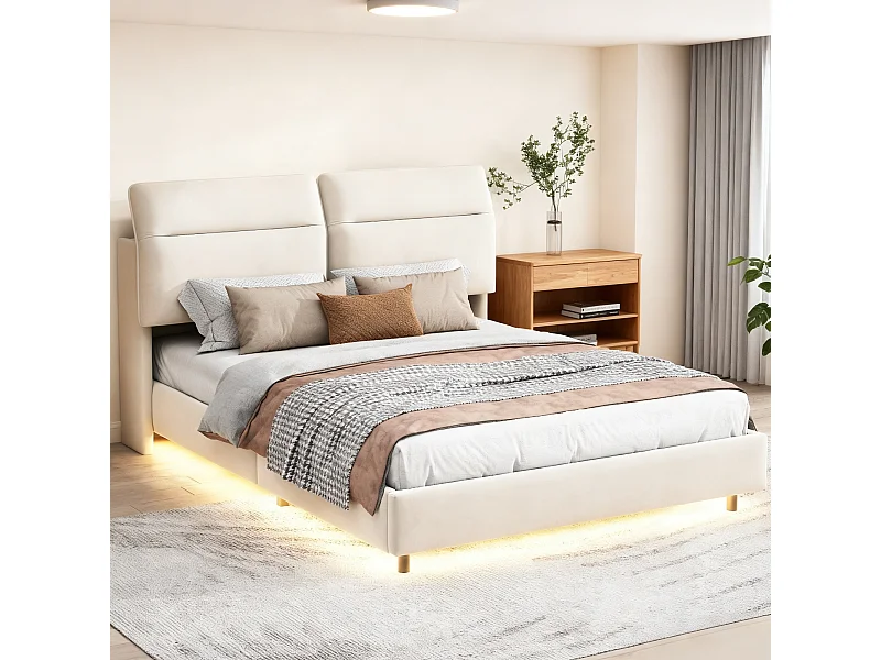 Lit 140x200 cm à tête de lit pliante avec sommier à lattes - cadre de lit coffre 140x200 cm - Lit adulte 140x200 cm soldes - tissu en velours - blanc cassé