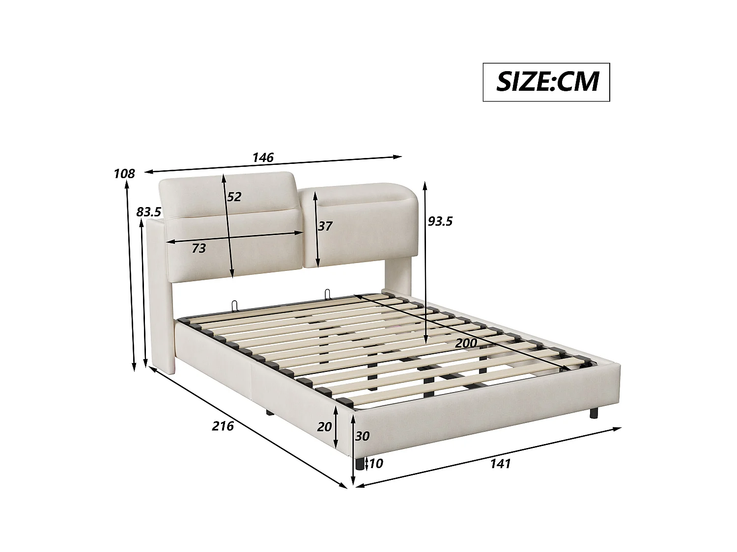 Lit 140x200 cm à tête de lit pliante avec sommier à lattes - cadre de lit coffre 140x200 cm - Lit adulte 140x200 cm soldes - tissu en velours - blanc cassé