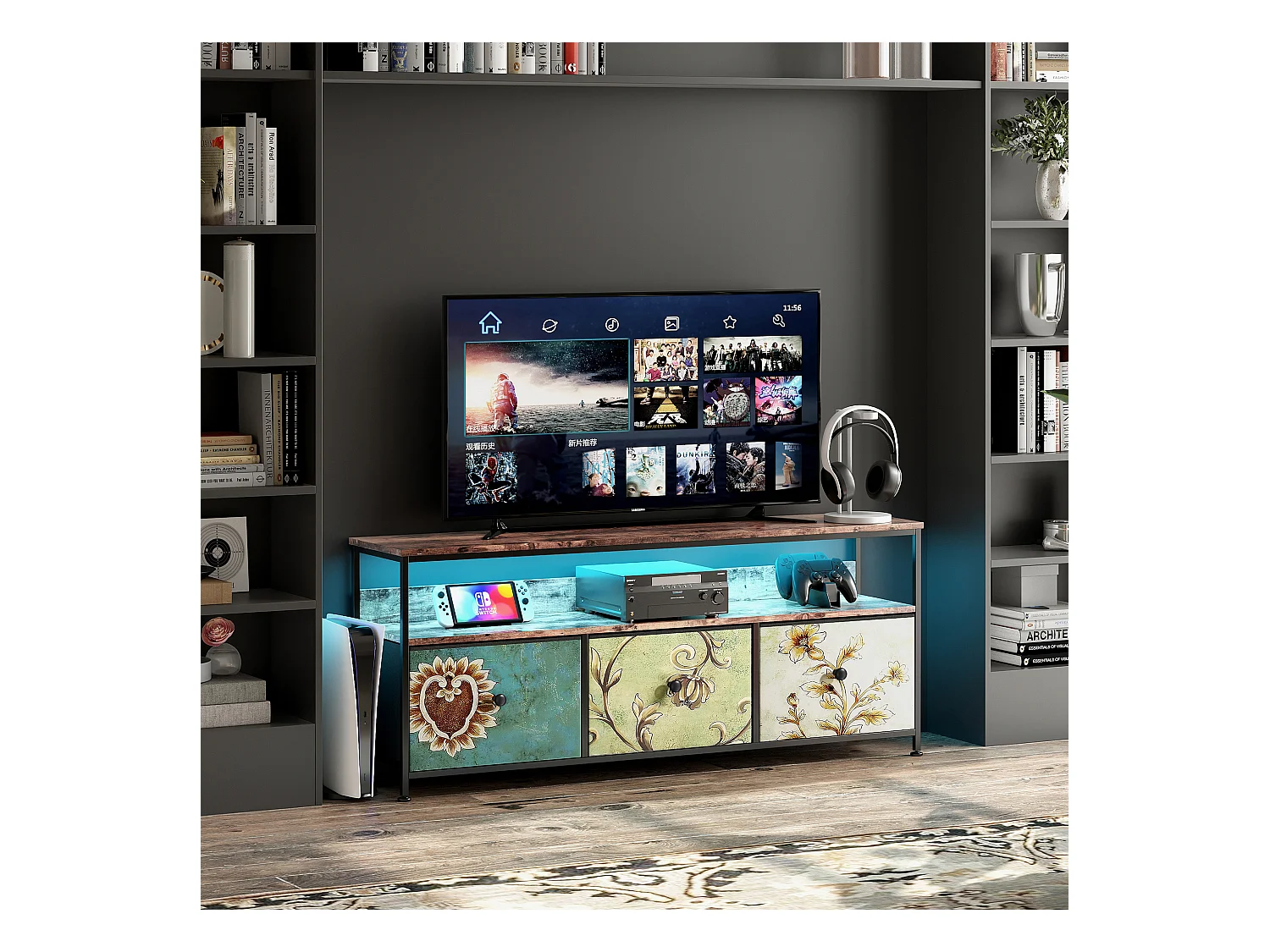 Meuble TV LED avec 3 Tiroirs, Petit Meuble Tele avec Rangement, Banc TV, Support Télé, Commode en Tissu pour Le Salon Chambre à Coucher Entrée Rustique, Colorés