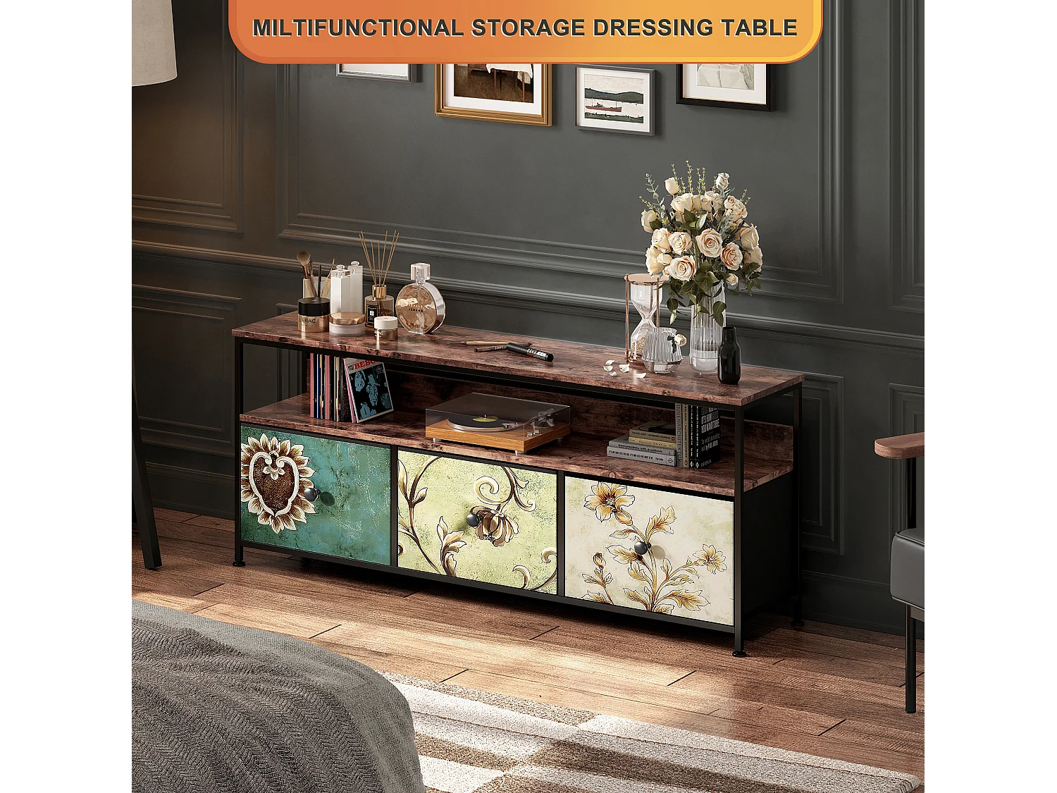 Meuble TV LED avec 3 Tiroirs - Petit Meuble Tele avec Rangement  - Colorés - Commode en Tissu pour Le Salon Chambre à Coucher Entrée Rustique