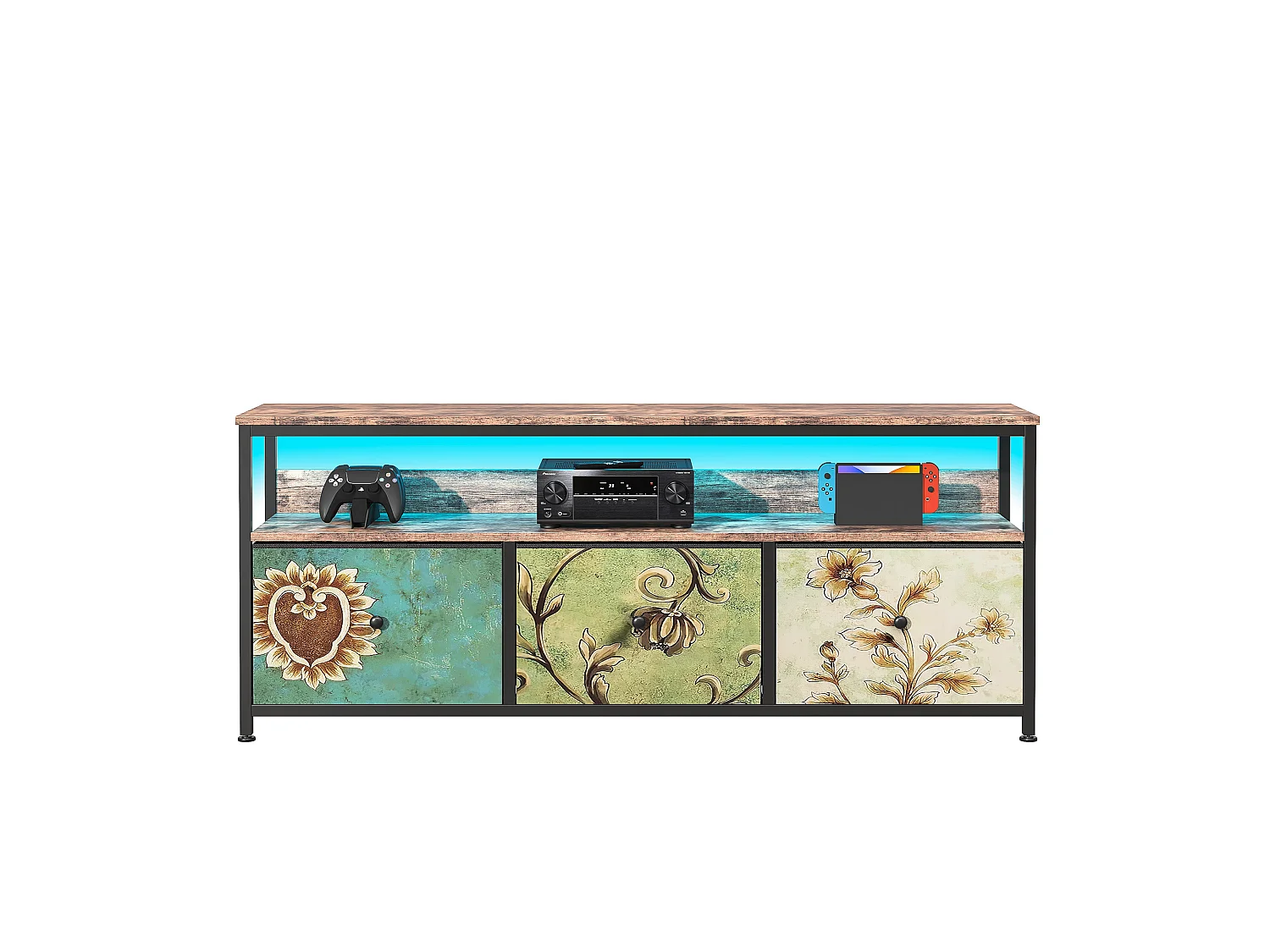 Meuble TV LED avec 3 Tiroirs - Petit Meuble Tele avec Rangement  - Colorés - Commode en Tissu pour Le Salon Chambre à Coucher Entrée Rustique