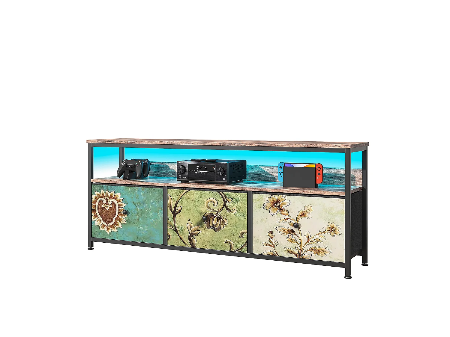 Meuble TV LED avec 3 Tiroirs - Petit Meuble Tele avec Rangement  - Colorés - Commode en Tissu pour Le Salon Chambre à Coucher Entrée Rustique