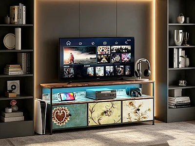 LED tv-meubel met 3 lades - Klein tv-meubel met opbergruimte - Kleurrijk - Stoffen ladekast voor woonkamer, slaapkamer, hal, rustieke stijl