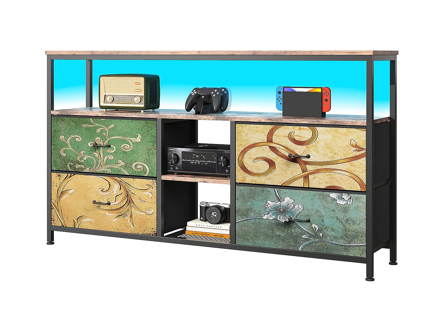 Commode Chambre  avec LED& 3 Tiroirs, Armoire à tiroirs multifonctionnelle pour Chambre et Salon - Buffet Stable et résistant, 137 * 30 * 78 cm, Colorés