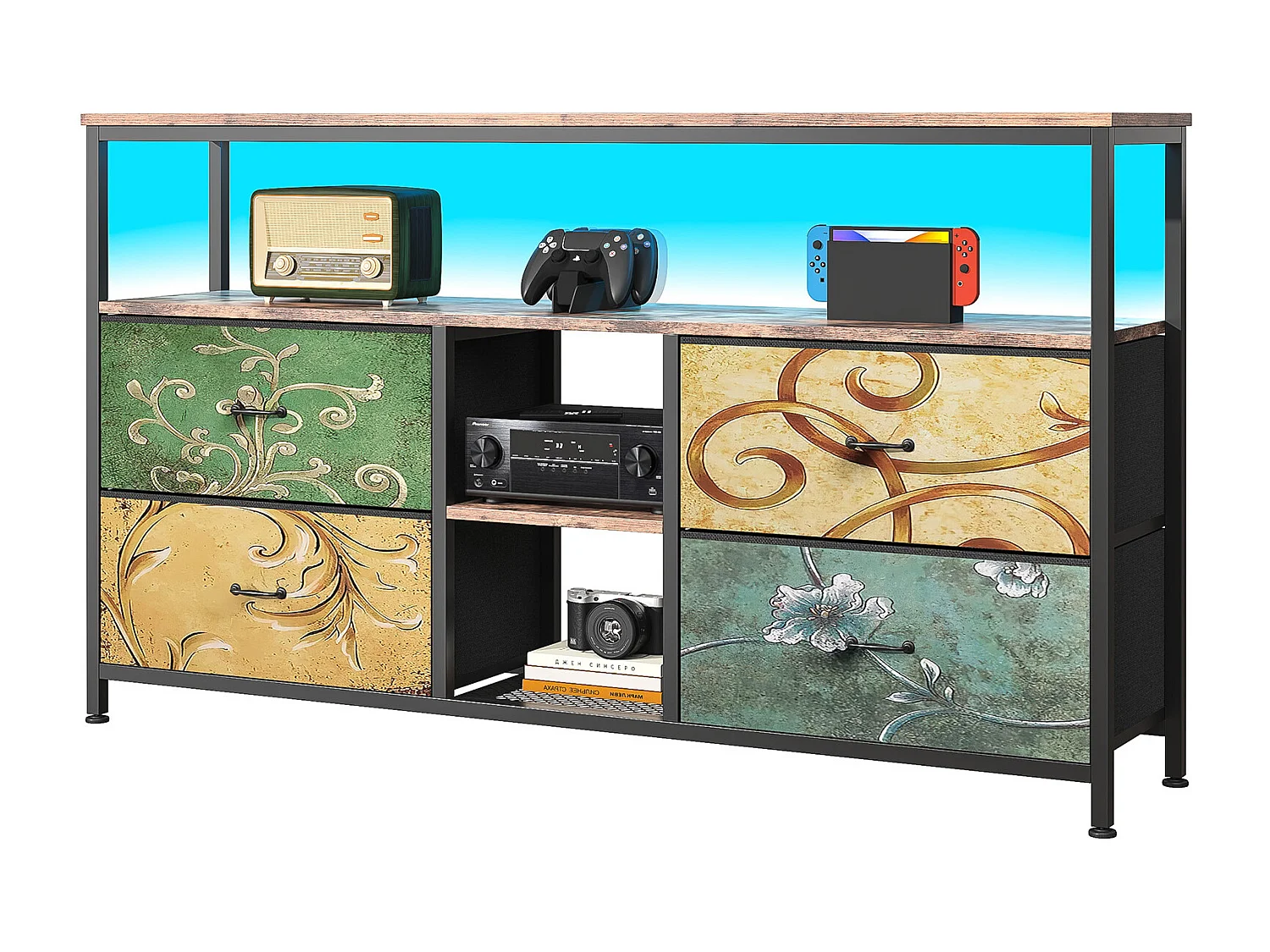 Cómoda de dormitorio con LED y 3 cajones, mueble multifuncional con cajones para dormitorio y salón, aparador estable y duradero, 137 x 30 x 78 cm, colorido.