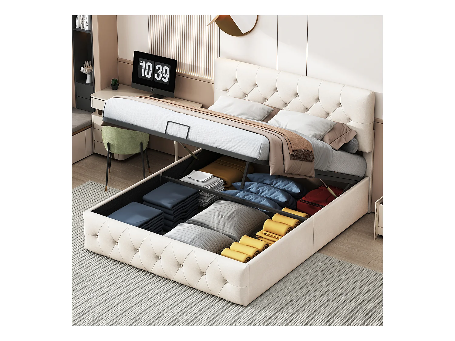 Lit double rembourré, 140 x 200 cm, avec tête de lit douce, espace de rangement, pour adolescent, sommier à lattes, sans matelas, en velours