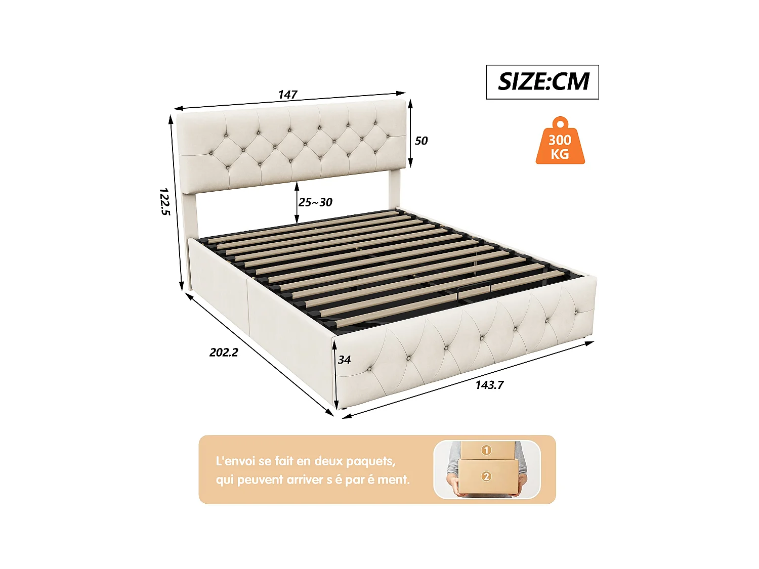 Lit double rembourré, 140 x 200 cm, avec tête de lit douce, espace de rangement, pour adolescent, sommier à lattes, sans matelas, en velours