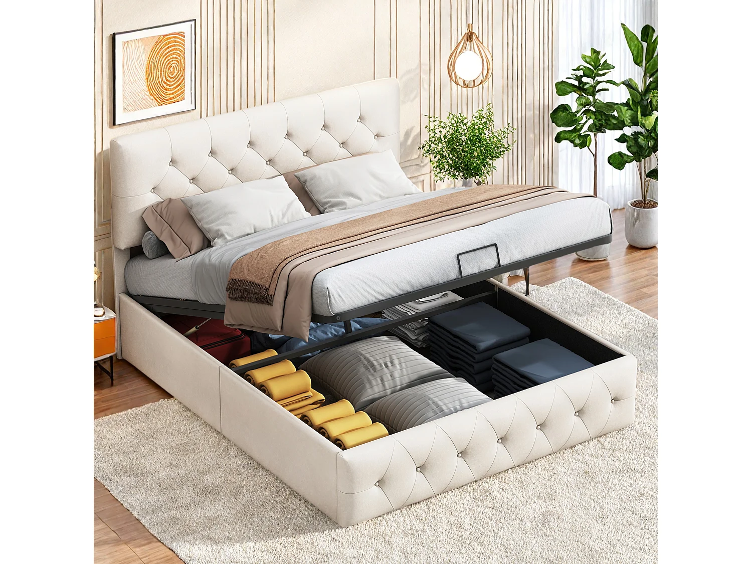 Lit Coffre 140 x 200 cm - Velours - Beige - Lit Double Rembourré avec Rangement et Tete de lit - Lit double avec avec sommier à lattes