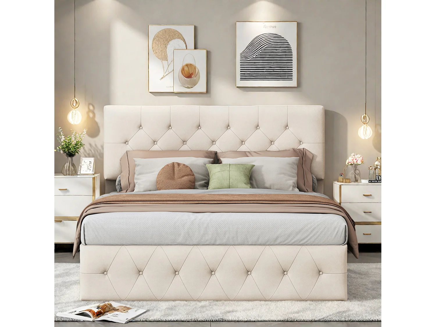 Lit Coffre 140 x 200 cm - Velours - Beige - Lit Double Rembourré avec Rangement et Tete de lit - Lit double avec avec sommier à lattes