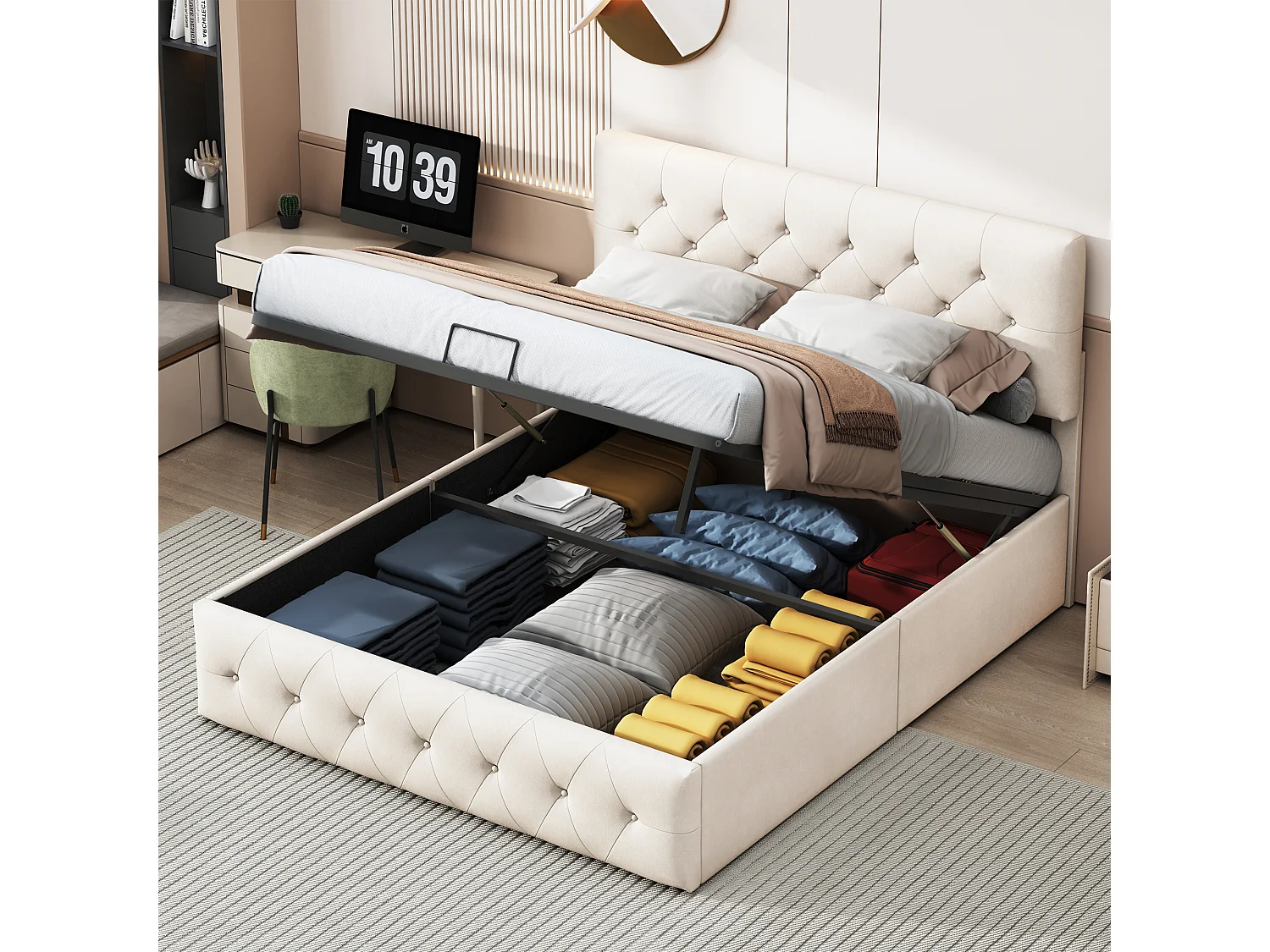 Lit Coffre 140 x 200 cm - Velours - Beige - Lit Double Rembourré avec Rangement et Tete de lit - Lit double avec avec sommier à lattes