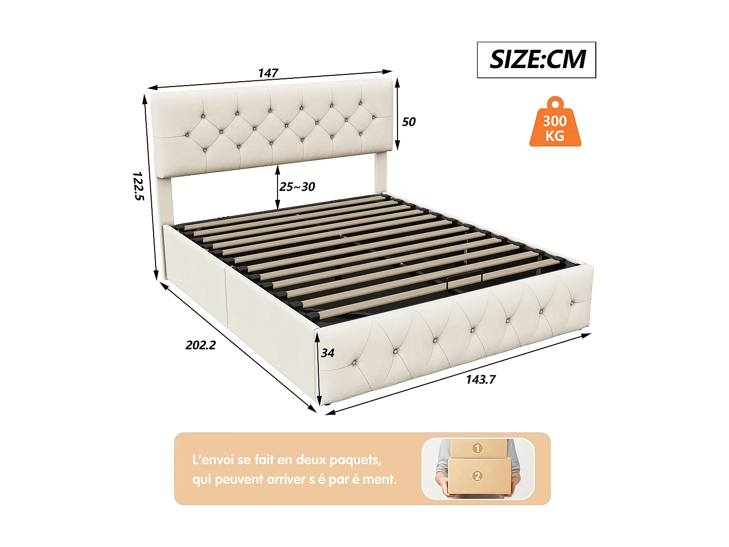 Lit Coffre 140 x 200 cm - Velours - Beige - Lit Double Rembourré avec Rangement et Tete de lit - Lit double avec avec sommier à lattes