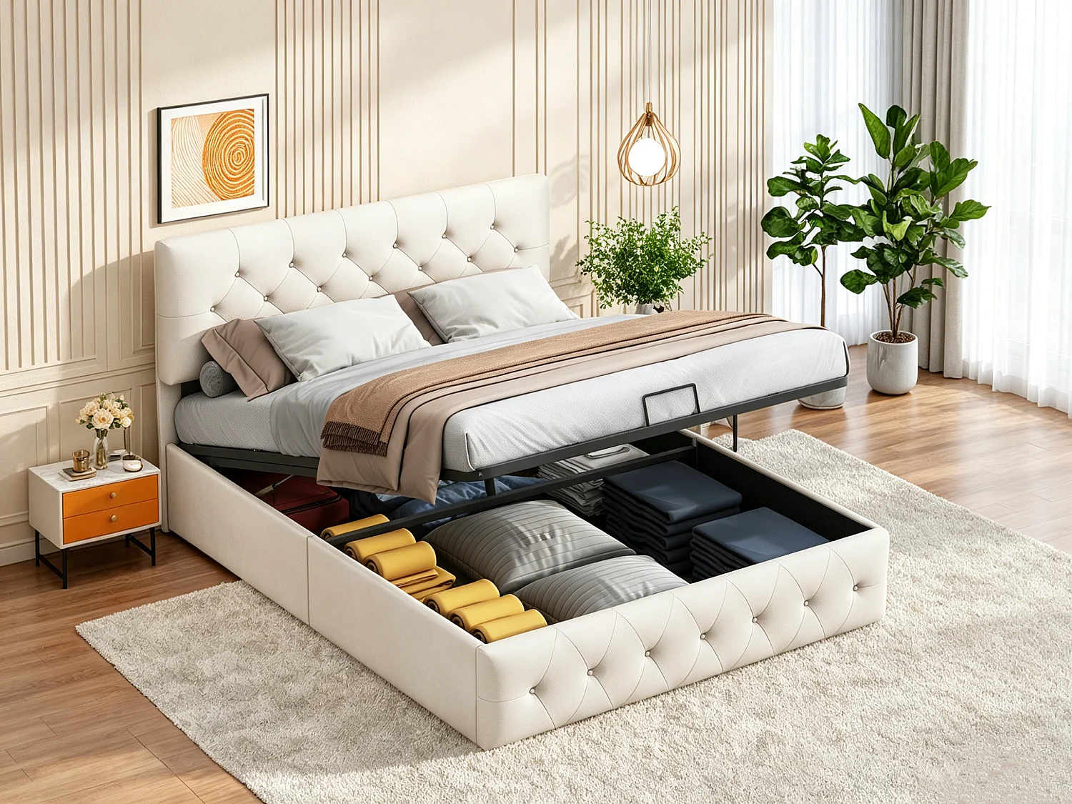 Lit Coffre 140 x 200 cm - Velours - Beige - Lit Double Rembourré avec Rangement et Tete de lit - Lit double avec avec sommier à lattes