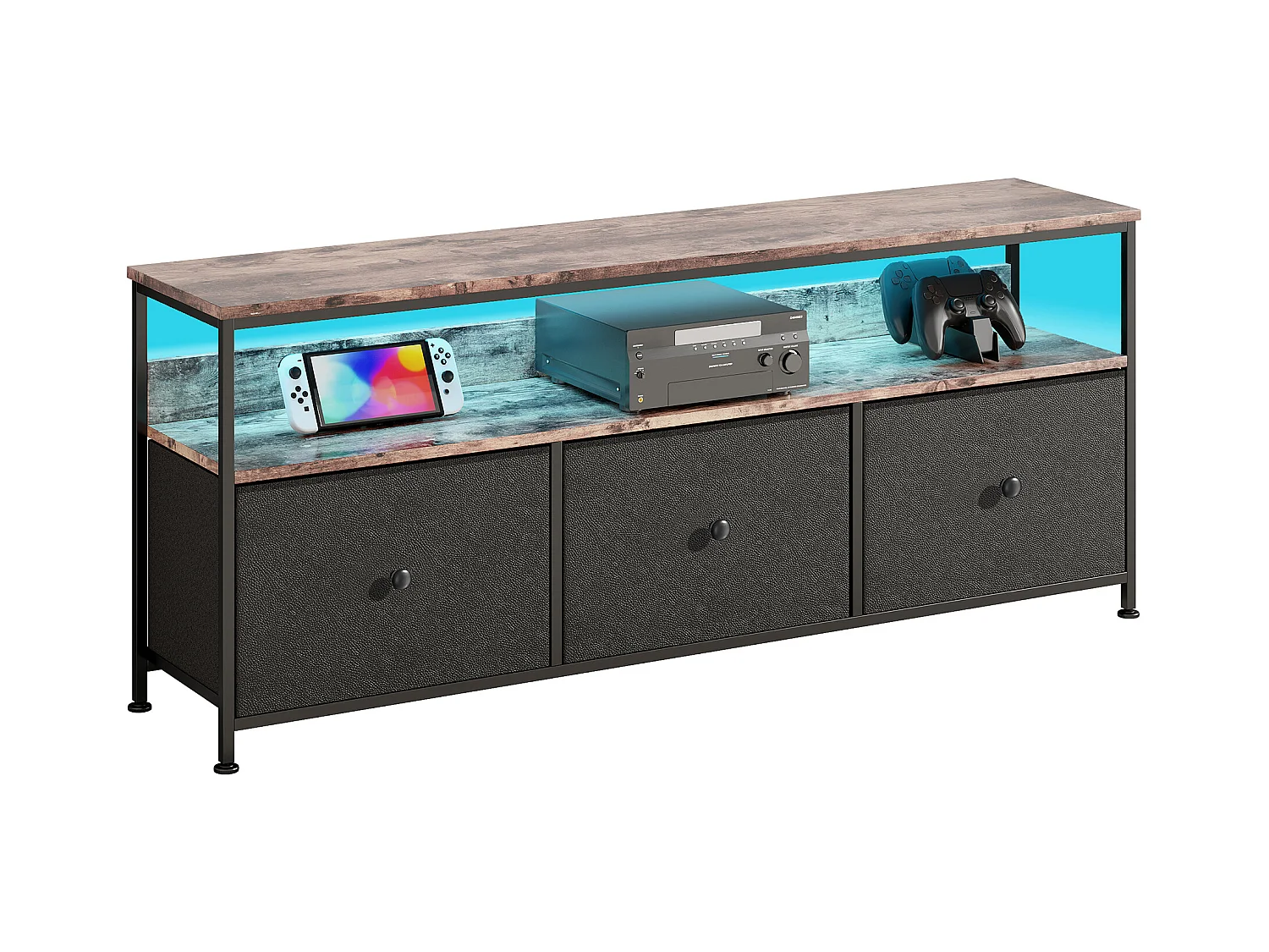Commode Chambre  avec LED& 3 Tiroirs, Armoire à tiroirs multifonctionnelle pour Chambre et Salon - Buffet Stable et résistant, 108 * 30 * 57 cm, Vintage et Noir