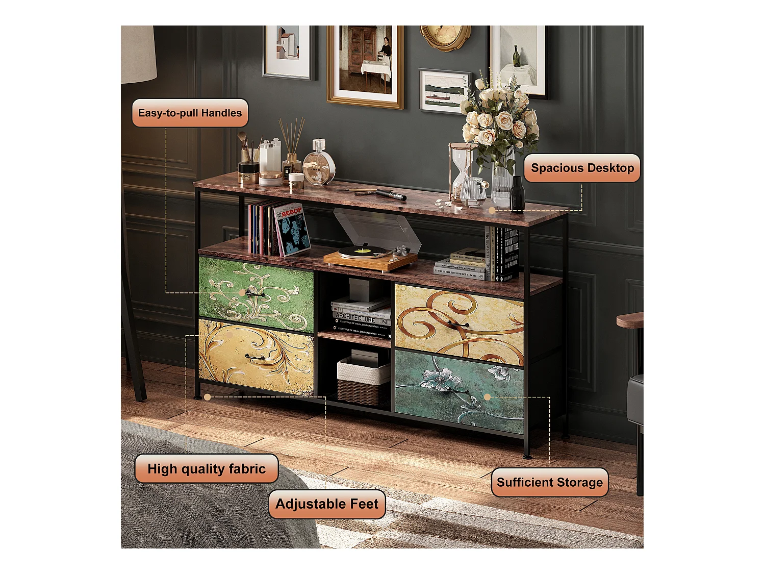 Meuble TV LED avec 4 Tiroirs, Petit Meuble Tele avec Rangement, Banc TV, Support Télé, Commode en Tissu pour Le Salon Chambre à Coucher Entrée Rustique, Colorés